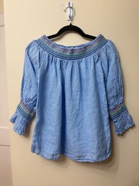 Linen Smocked Peasant Top w Rainbow Embroidery / M / Boho Colorful Flowy Comfy